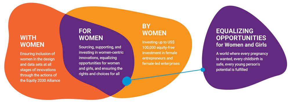 Three dimensions of work infographic highlighting our work with women, for women, by women