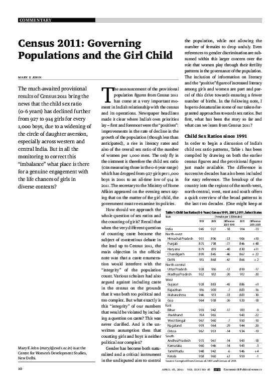 Census 2011: Governing Populations and the Girl Child
