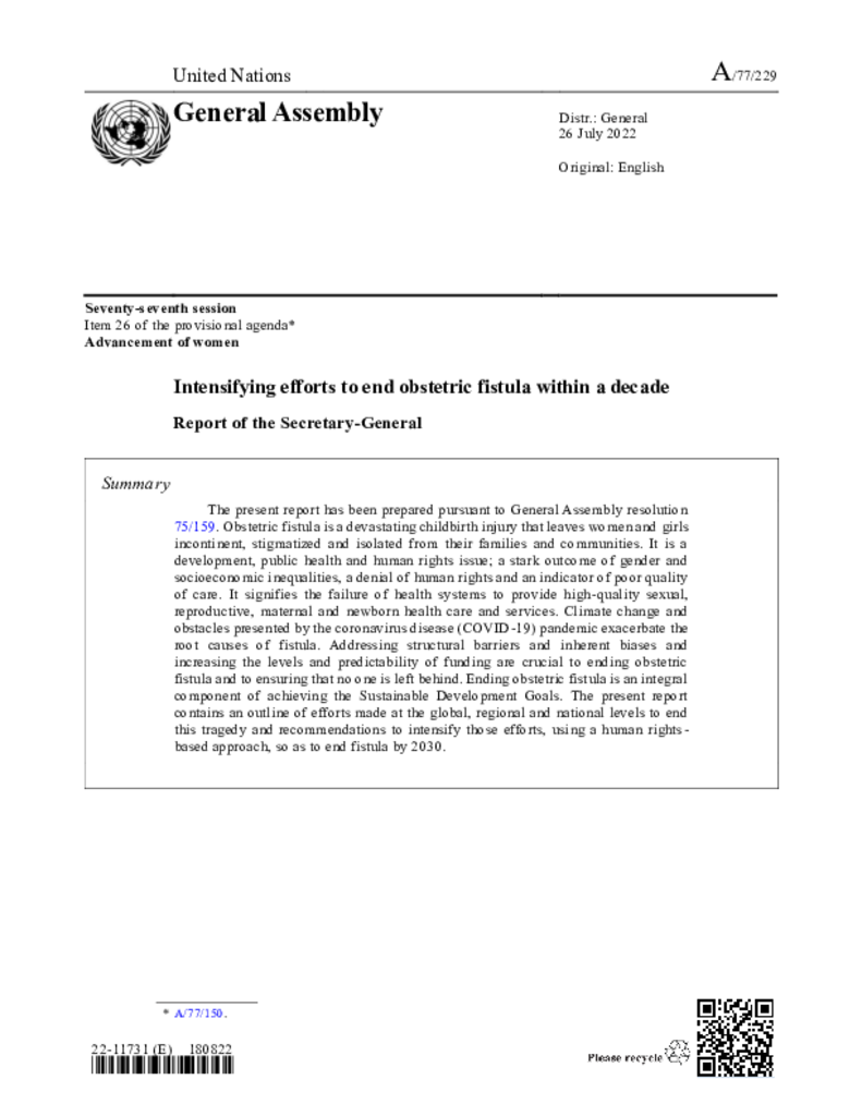 Intensifying efforts to end obstetric fistula within a decade: Report of the Secretary-General (A/77/229)