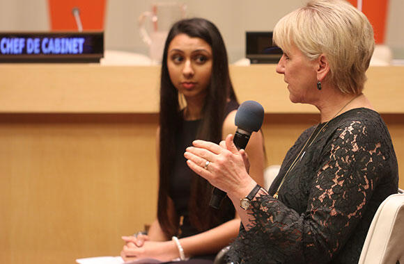 Swedish Minister for Foreign Affairs, Her Excellency Ms. Margot Wallström and Ms. Sahar Momin, a graduate student from Columbia School of Public Health at the 15th Salas Memorial Lecture at the Economic and Social Council Chamber of the United Nations Headquarters