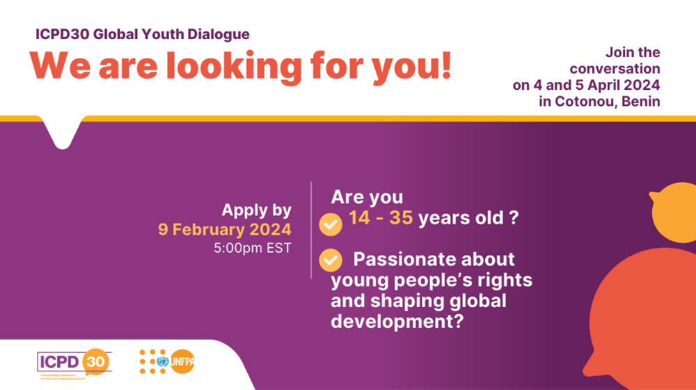  banner image with the criteria for potential participants of the ICPD30 global youth dialogue