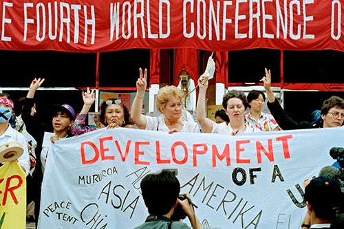 Scene at the Non-Governmental Organizations Forum held in Huairou, China as part of the United Nations Fourth World Conference on Women held in Beijing