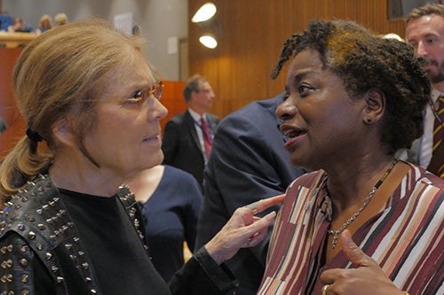 Women's rights leader Gloria Steinem speaks to UNFPA Acting Executive Director Dr. Natalia Kanem at the launch of the Spotlight Initiative. © UNFPA/Jeffrey Bates