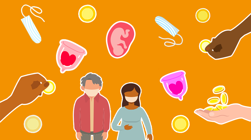 An illustration shows condoms, menstrual cups, tampons, a pregnant woman wearing a mask, and a hand with coins. 
