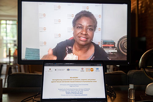 Natalia Kanem is seen on a computer monitor addresses delegates in the virtual event. 