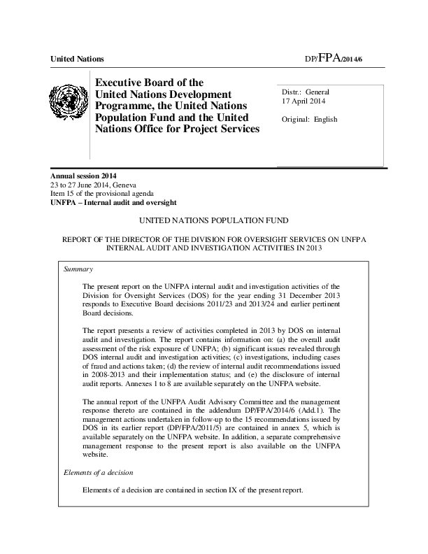 Report of the Director of the Division for Oversight Services on UNFPA internal audit and investigation activities in 2013
