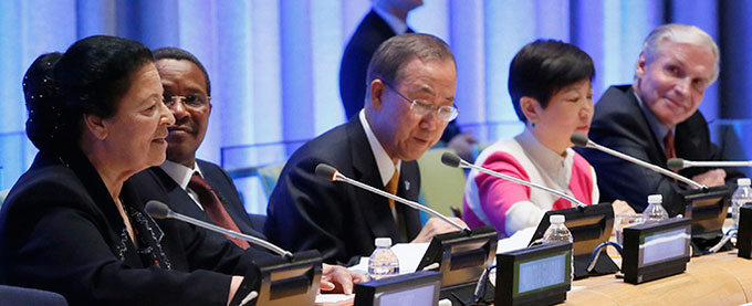 Munira Sha'ban, a renowned Jordanian midwife, speaks at a high-level UN event on improving the survival of women, newborns and children. Beside her are Tanzanian President Jakaya Kikwete, UN Secretary-General Ban Ki-Moon, Chinese diplomacy leader Li Xiaolin, and Special Envoy for Financing the Health Millennium Development Goals and For Malaria Ray Chambers. Photo credit: Stuart Ramson/UN Foundation