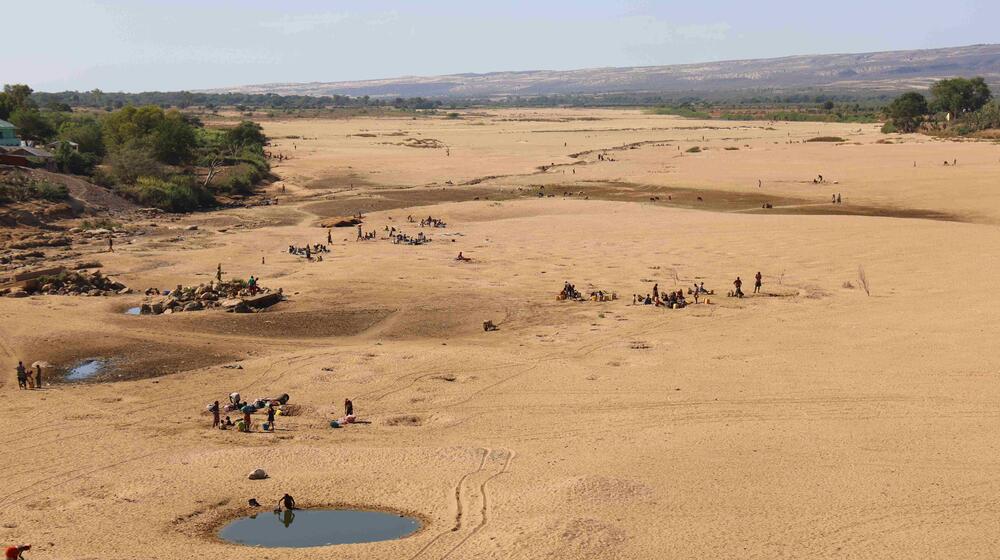 A desert is shown with people standing in groups.