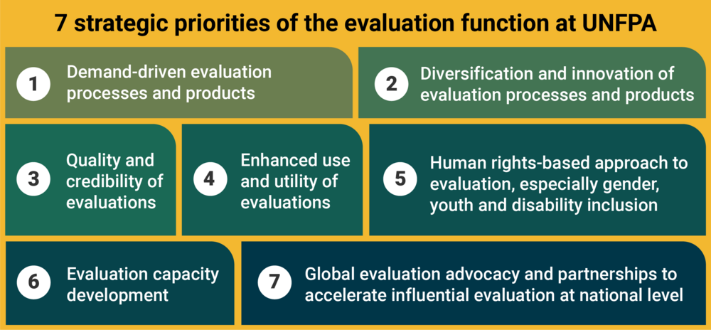 List of seven strategic priorities of the evaluation function at UNFPA