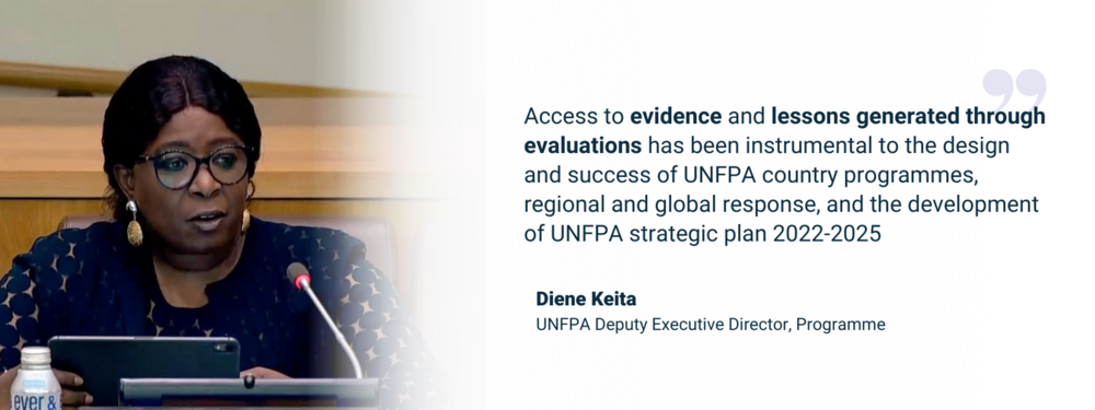 Quote card featuring Diene Keita delivering a statement on UNFPA's evaluation function