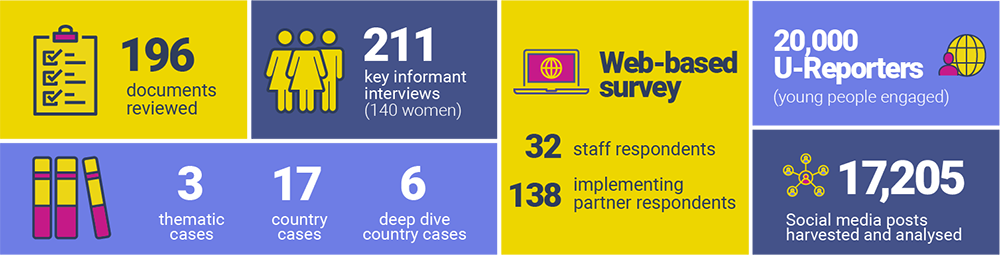 An infographic visual detailing data collection methods for the FGM evaluation