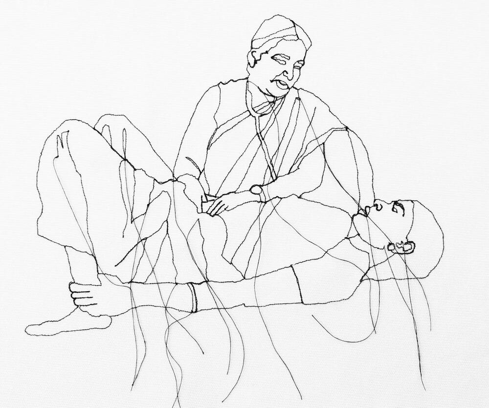 Sketch drawing of a midwife tending to a pregnant woman on a bed. 