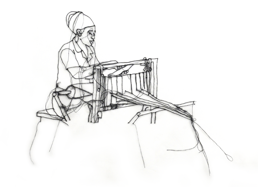 Sketch drawing of a woman seated at a weaving loom.