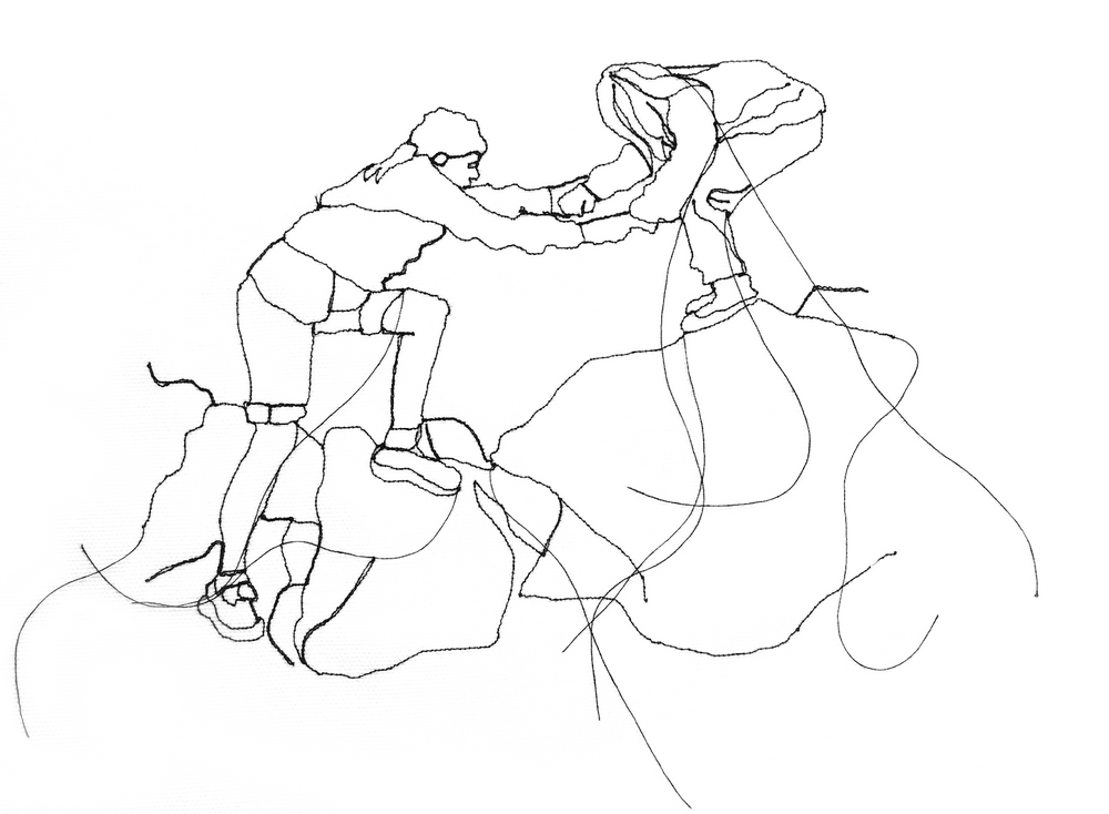 Sketch drawing of one hiker helping another to cross a rocky pass. 