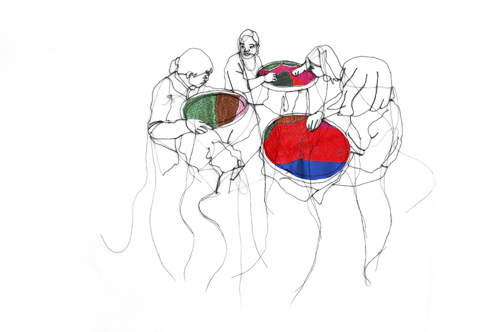 Sketch drawing of four women weaving on round looms. 