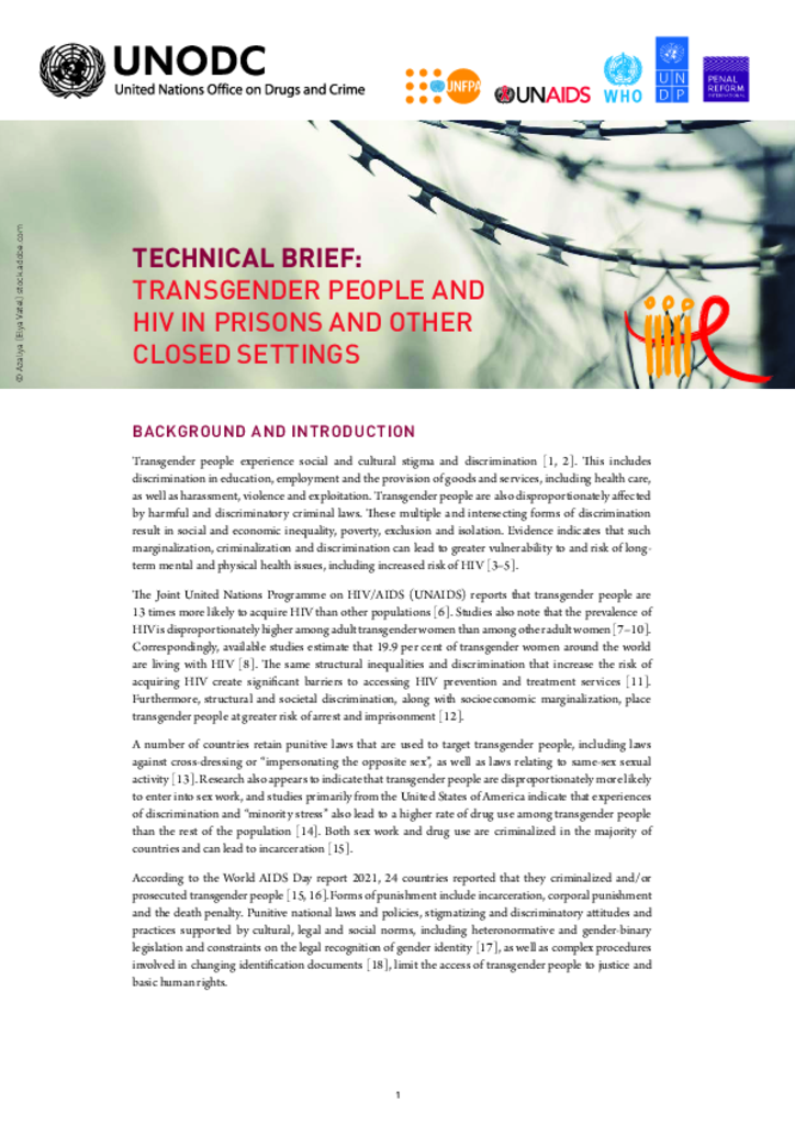 Technical Brief: Transgender People and HIV in Prisons and other Closed Settings
