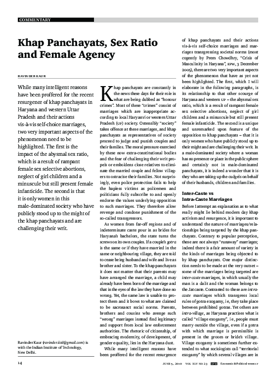 Khap Panchayats, Sex Ratio and Female Agency