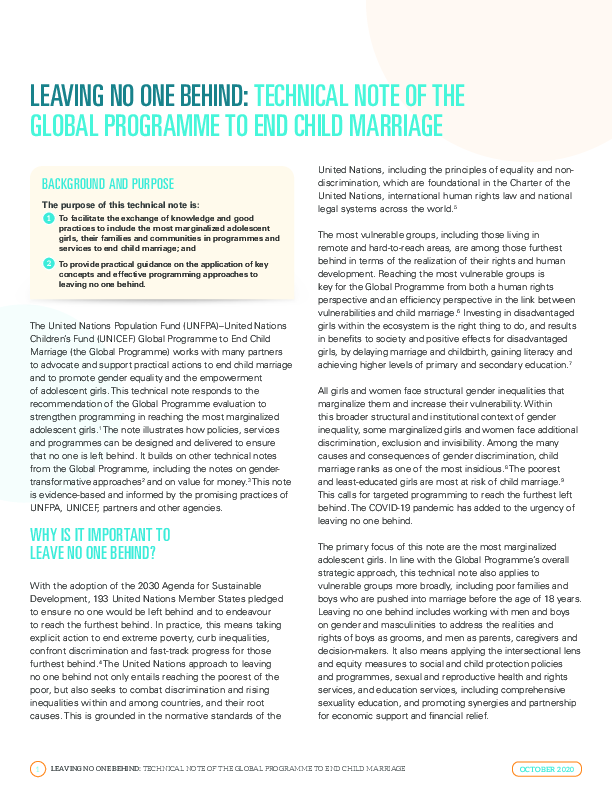 Leaving No One Behind: Technical Note of the Global Programme to End Child Marriage 