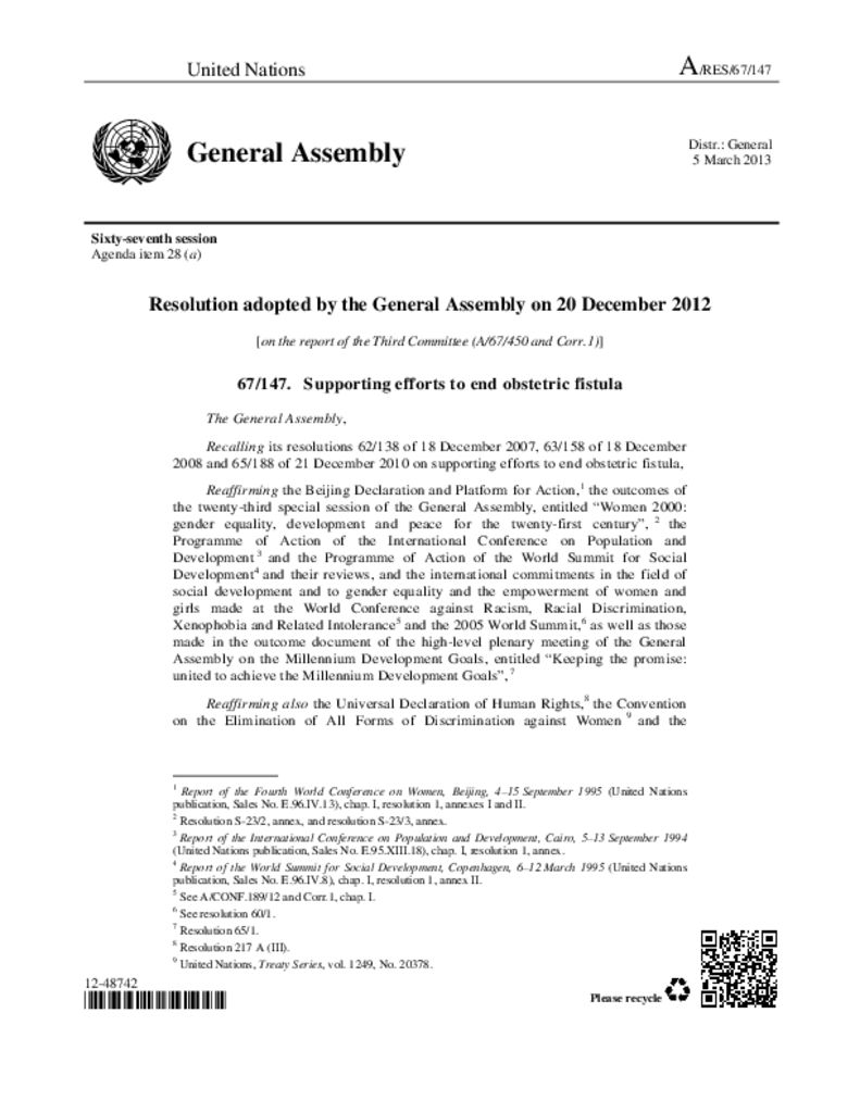 UN resolution on fistula 2012