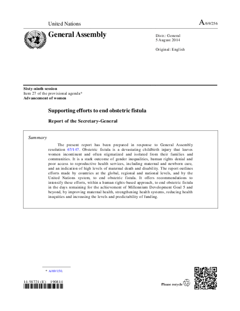 UN report on obstetric fistula 2014
