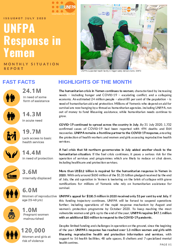 UNFPA Response in Yemen Monthly Situation Report #07 – July 2020