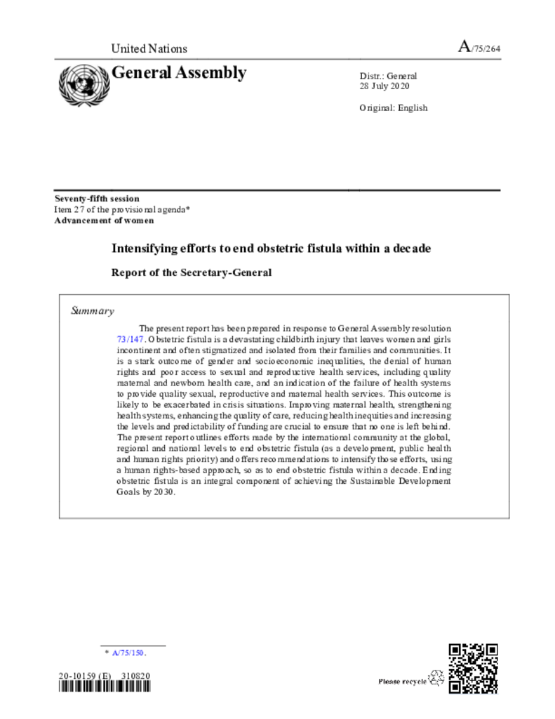 UN Report on Obstetric Fistula 2020 (A/75/264)