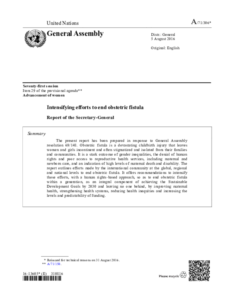 UN report on obstetric fistula 2016 (A/71/306)