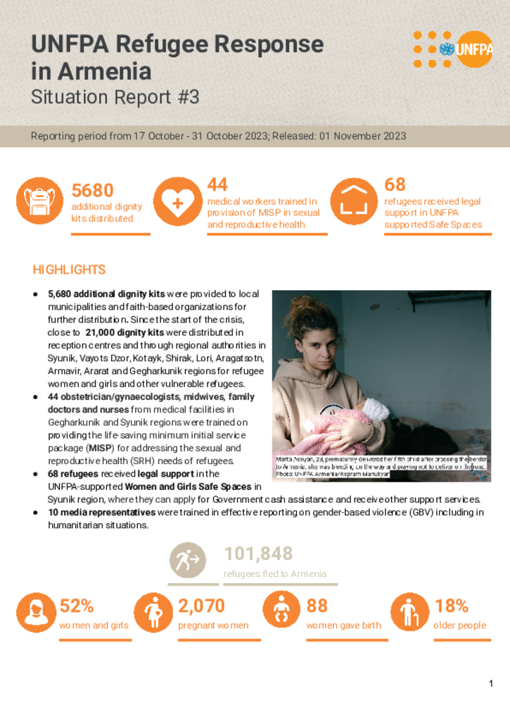 UNFPA Refugee Response in Armenia: Situation Report #3 - 01 November 2023