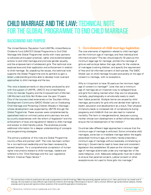 Child Marriage and the Law: Technical Note for the Global Programme to End Child Marriage