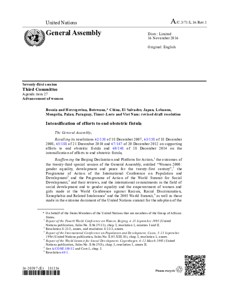 UN resolution on fistula 2016 (A/C.3/71/L.16/Rev.1)