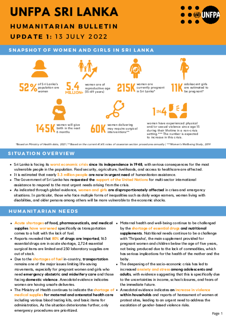 Humanitarian Bulletin, Snapshot of Women and Girls in Sri Lanka: Update 1 - 13 July 2022