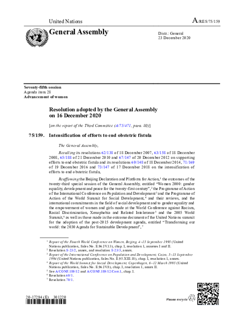 UN resolution to end fistula 2020 (A/RES/75/159)