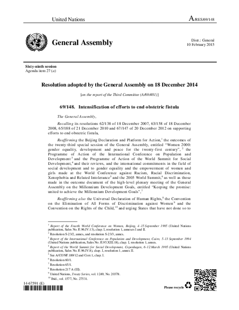  UN resolution on fistula 2014