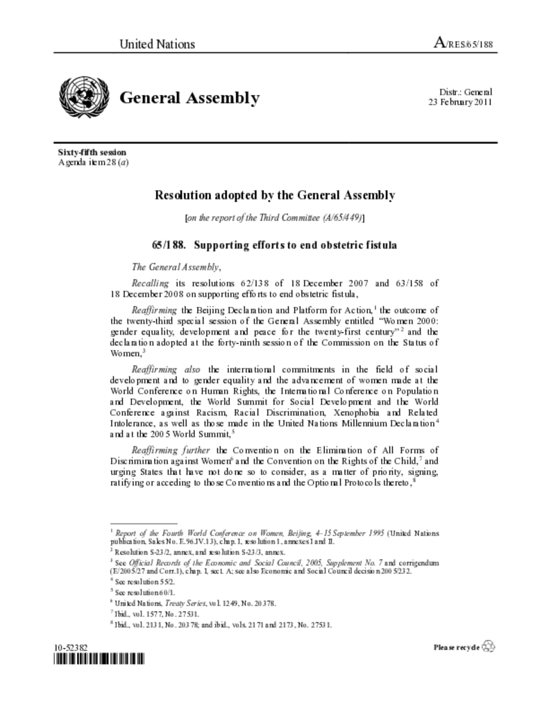 UN resolution supporting efforts to end obstetric fistula 2010