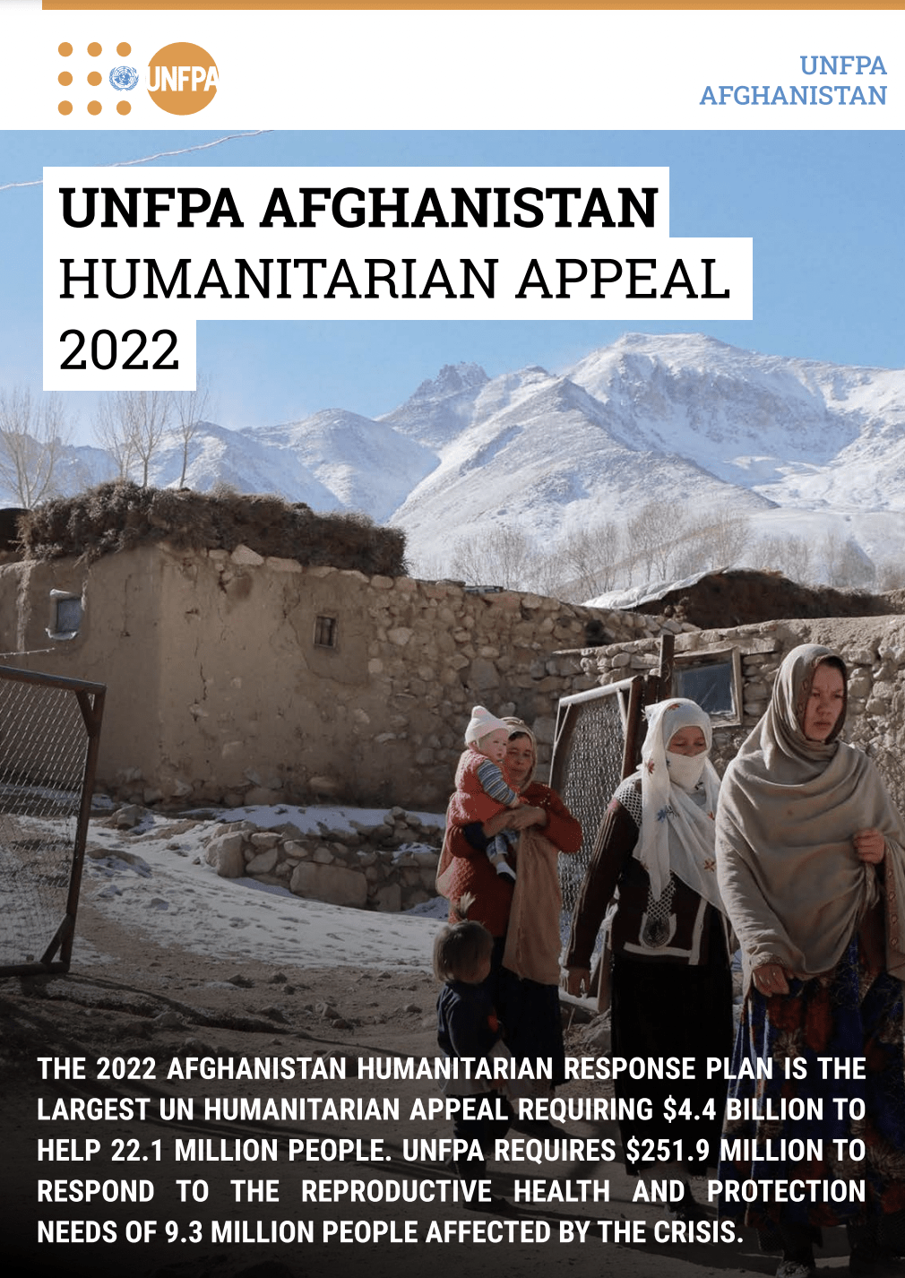 UNFPA Afghanistan Humanitarian Appeal 2022 cover - Two Afghan walking in front of a backdrop of Afghan mountains.