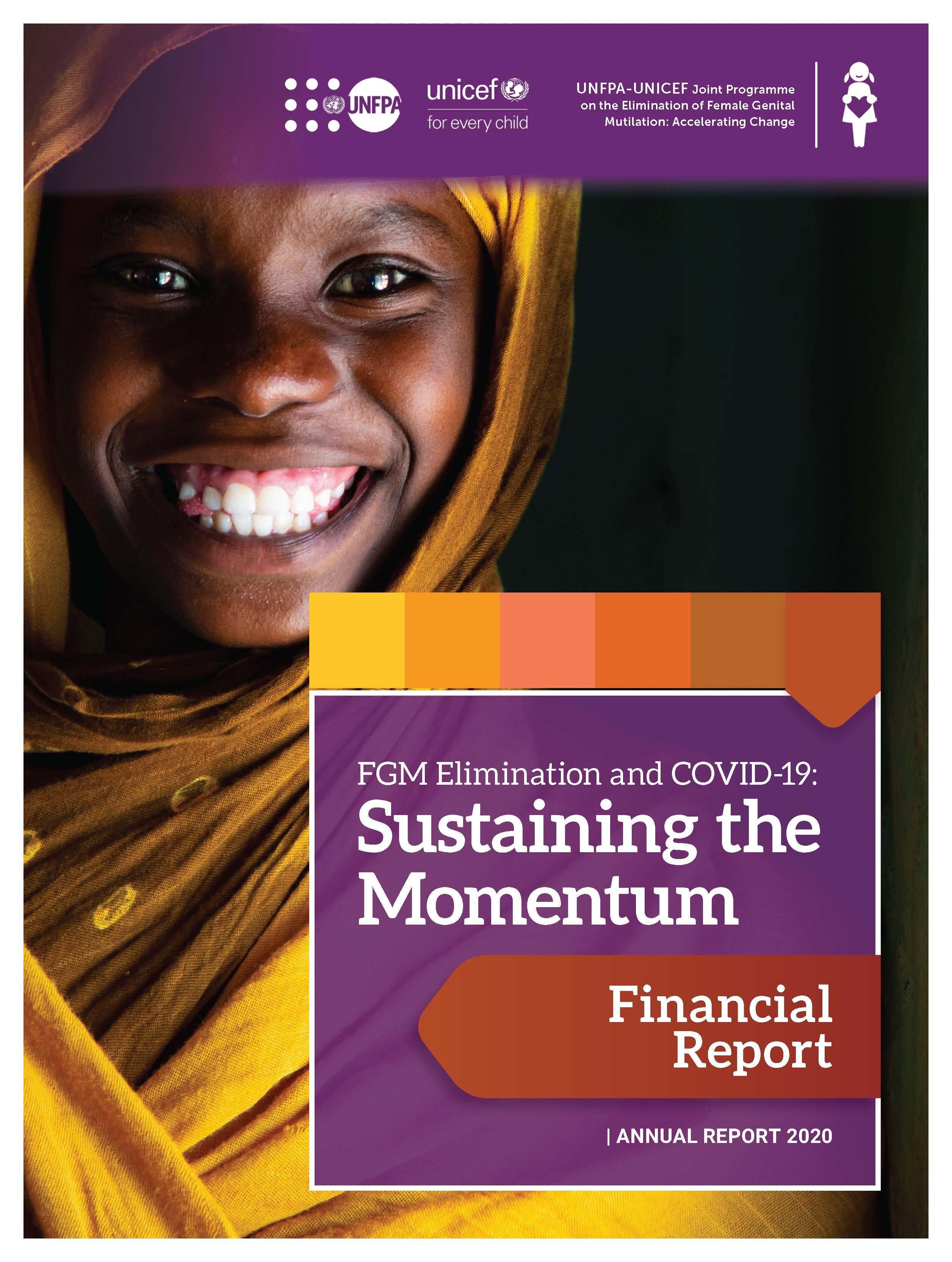 Girl in gold hijab smiling on FGM report 2020 front cover
