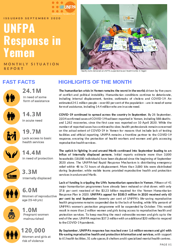 UNFPA Response in Yemen Monthly Situation Report #09 – September 2020