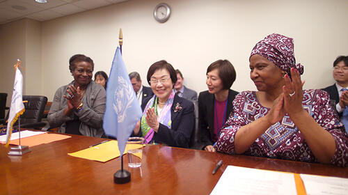 UNFPA Executive Director Dr. Natalia Kanem, KOICA President Lee Mikyung and UN Women Executive Director Phumzile Mlambo-Ngcuka (from left) launched a partnership that Ms. Lee characterized as “a key foundation and platform for solidarity and collective engagement for gender equality.” © UNFPA/Tara Milutis