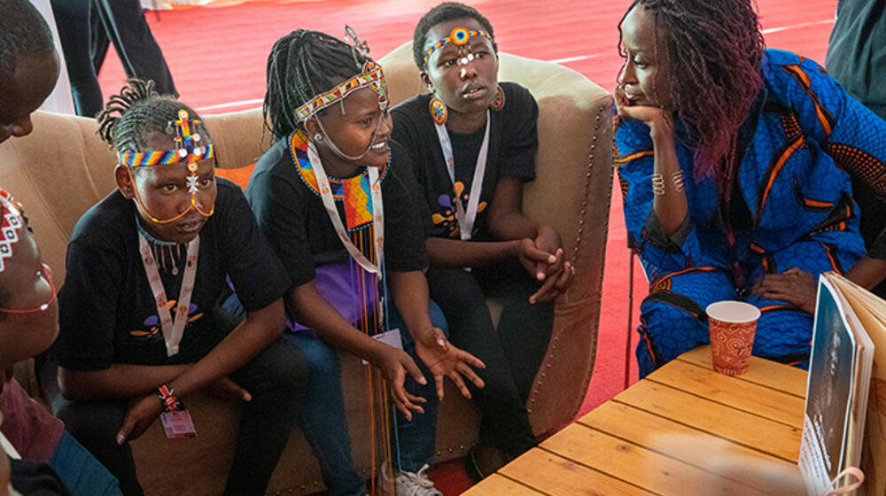 Survivors and advocates Nachaki, Rosillah and Eunice speak with advocate and psychotherapist Leyla Hussein at the Nairobi Summit on ICPD25. (L-R) Photo courtesy of Elizabeth Pratt/Too Young to Wed.