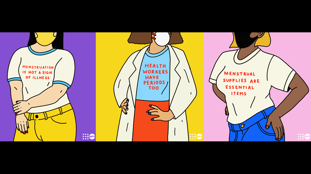 Illustration of women wearinng t-shirts inscribed with messages about menstruation: Menstruation is not a sign of illness. Health workers have periods too. Menstrual supplies are essential items.  © PONY for UNFPA