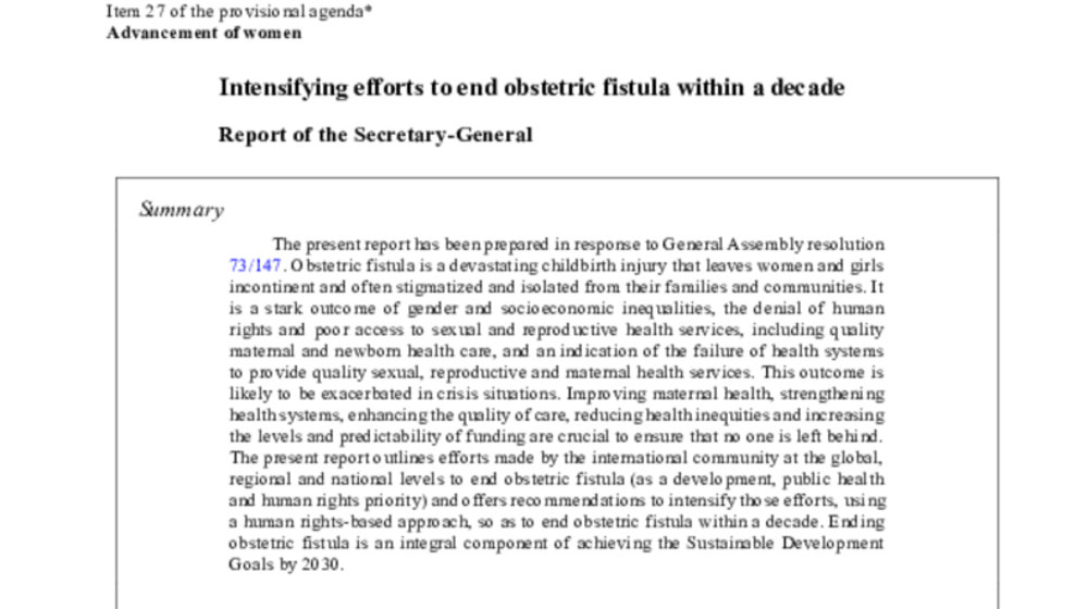 UN Report on Obstetric Fistula 2020