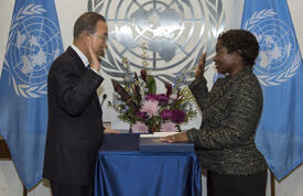 Secretary-General Ban Ki-moon (left) swears in Natalia Kanem as Assistant Secretary-General and Deputy Executive Director of the United Nations Population Fund. © UN Photo/Cia Pak